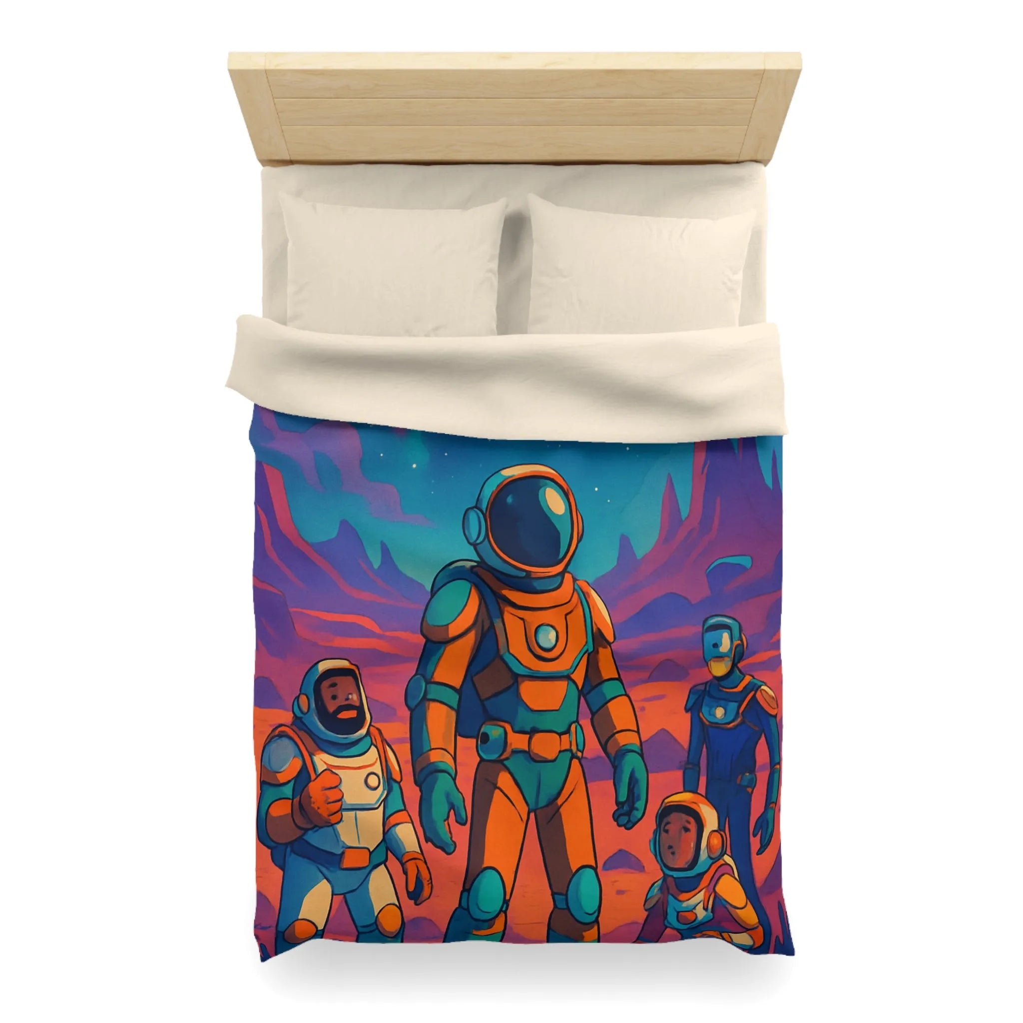 Housse de couette avec des astronautes et formes géométriques sous ciel étoilé coloré