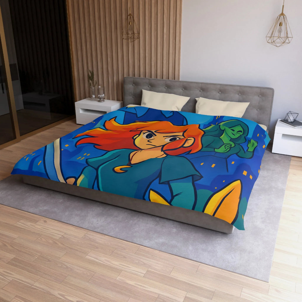 Housse de couette héroïque avec épée, ville nocturne et créatures fantastiques colorées