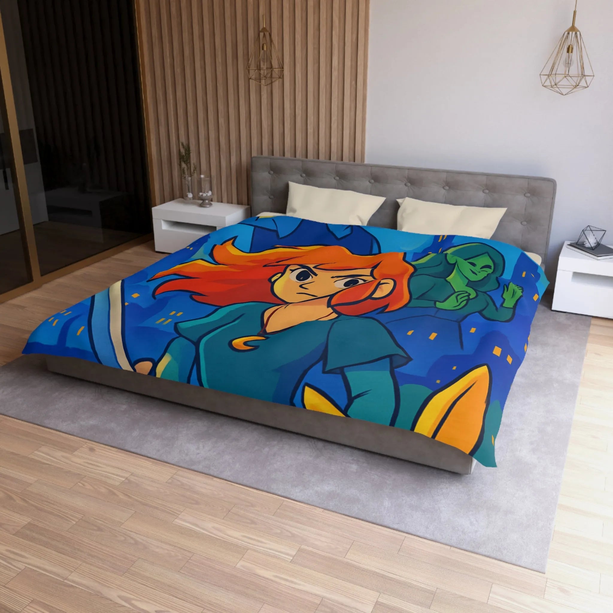 Housse de couette héroïque avec épée, ville nocturne et créatures fantastiques colorées