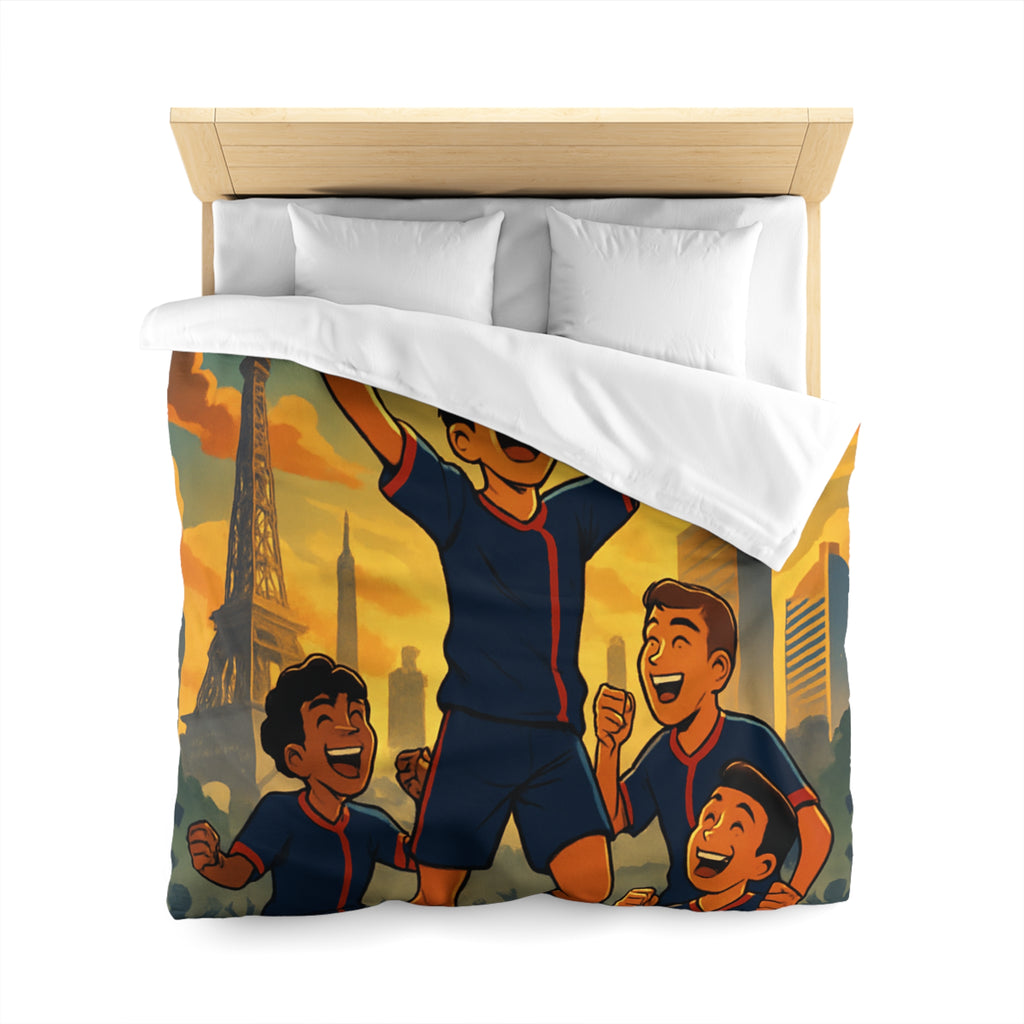 Housse de couette pour enfants avec footballeurs enthousiastes devant paysage urbain en coucher de soleil