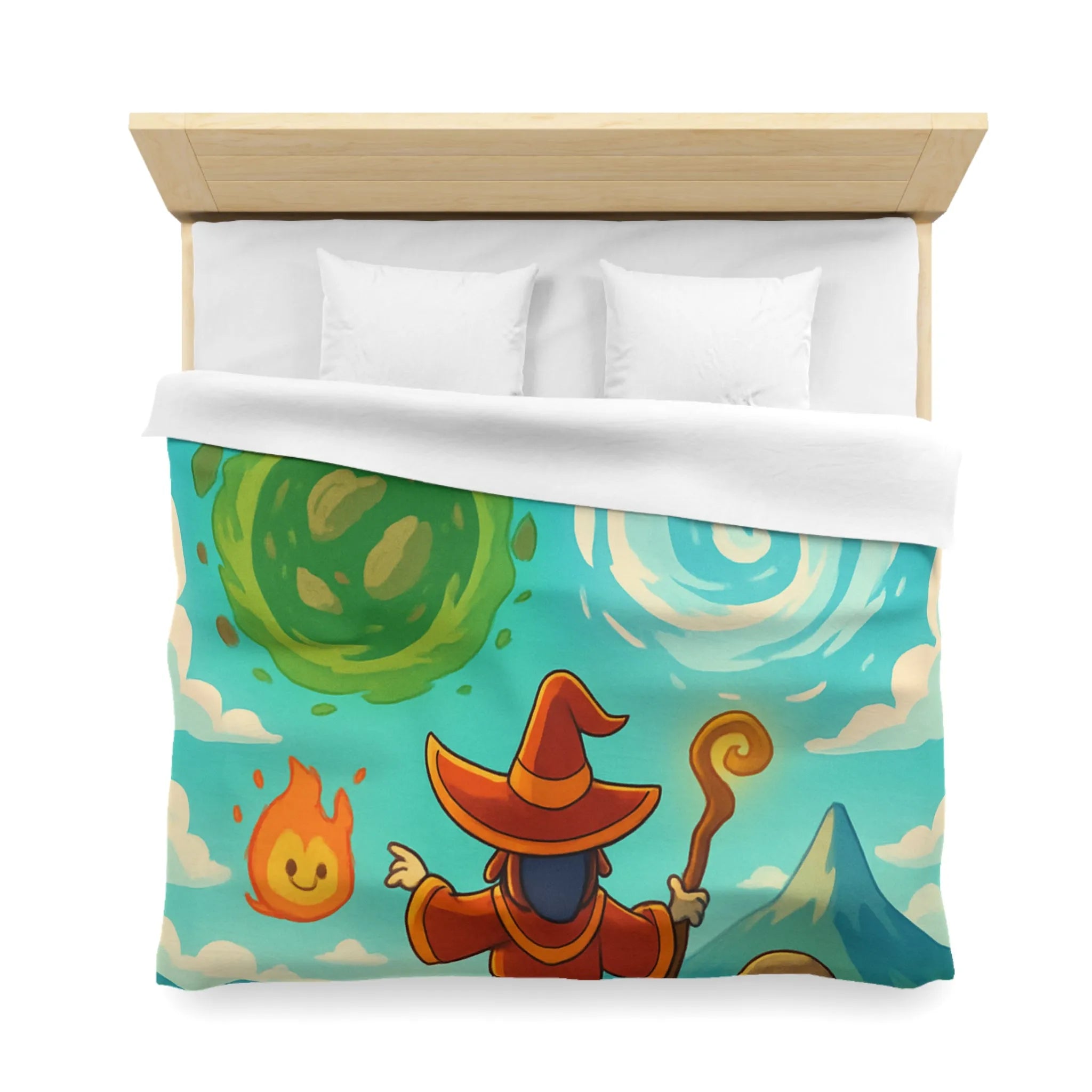 Housse de couette avec illustration magique de sorcier, élémentaires et paysage vibrant