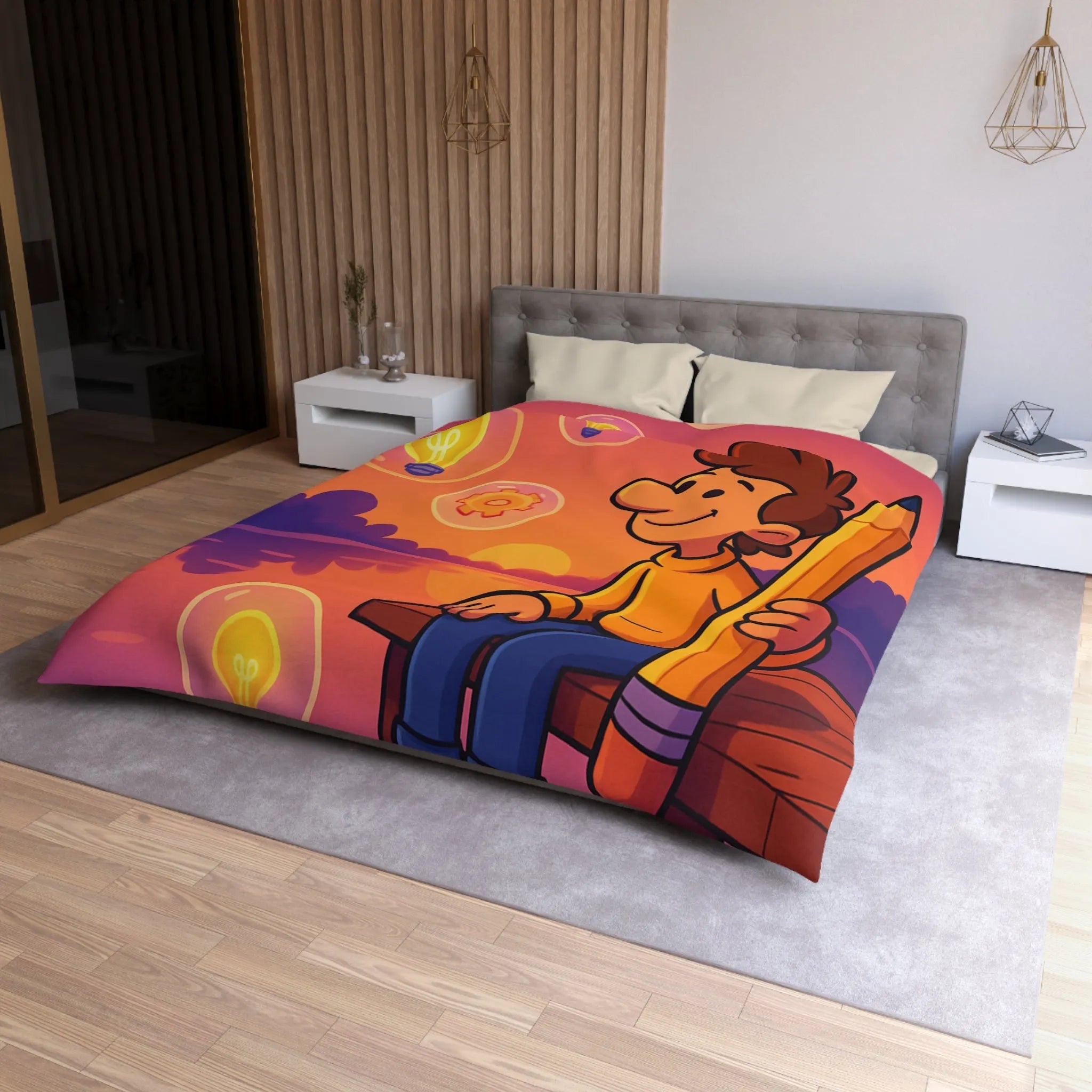 Housse de Couette Créative Avec Personnage Dessinant au Couchant et Ampoules Inspirantes