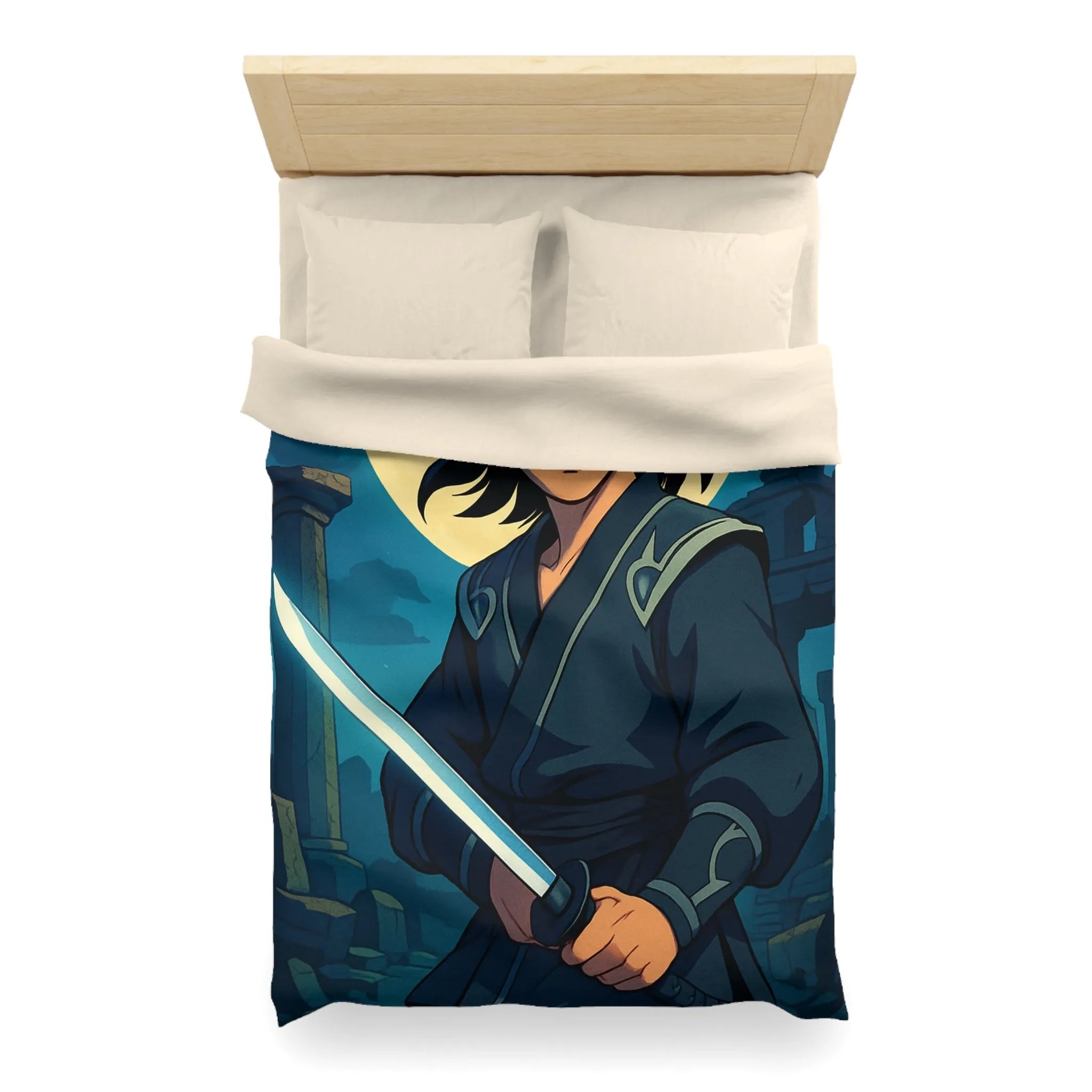 Housse de couette épique avec guerrier anime sous lune mystique et ruines anciennes