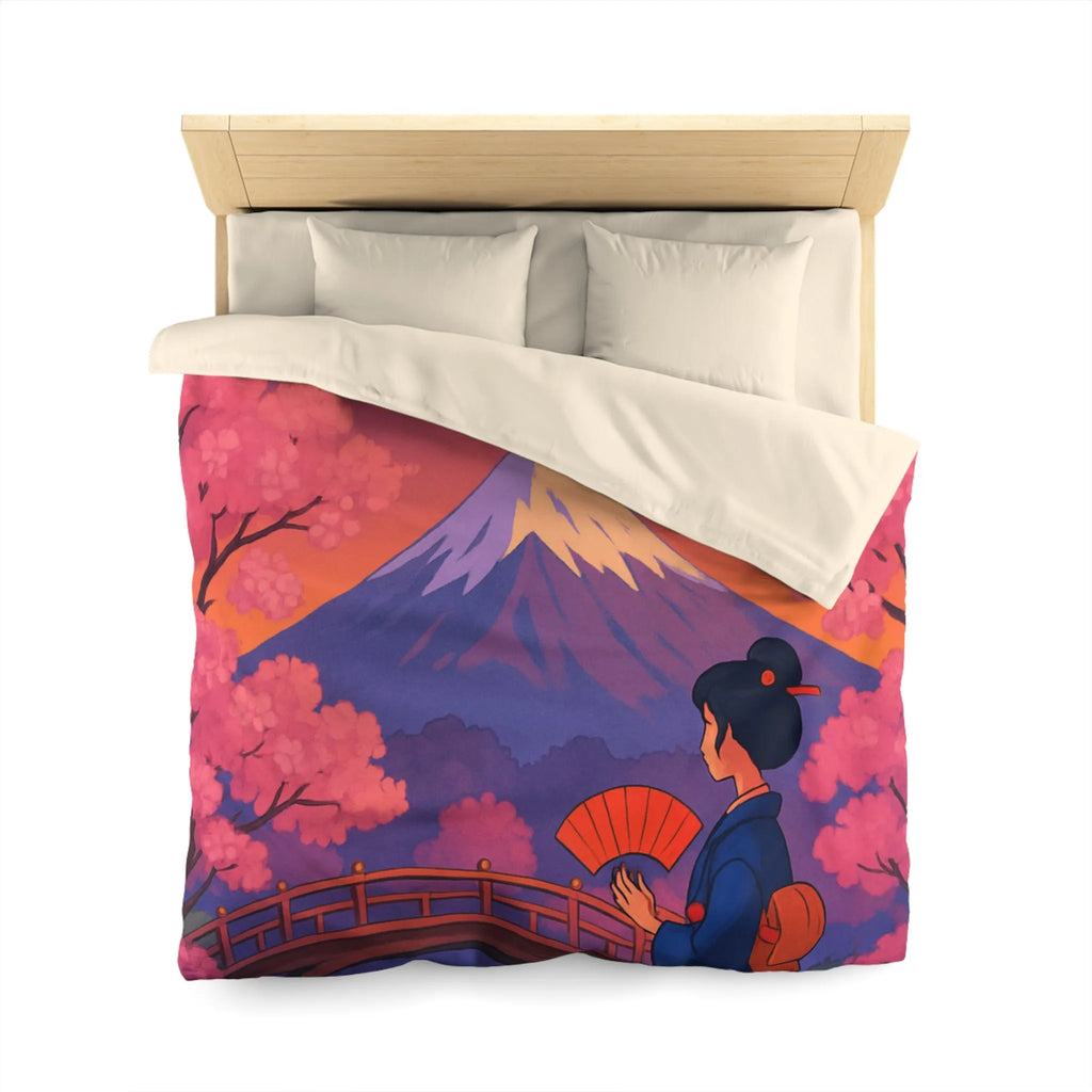 Housse de couette japonaise avec cerisiers, lanterne et vue sur le Mont Fuji