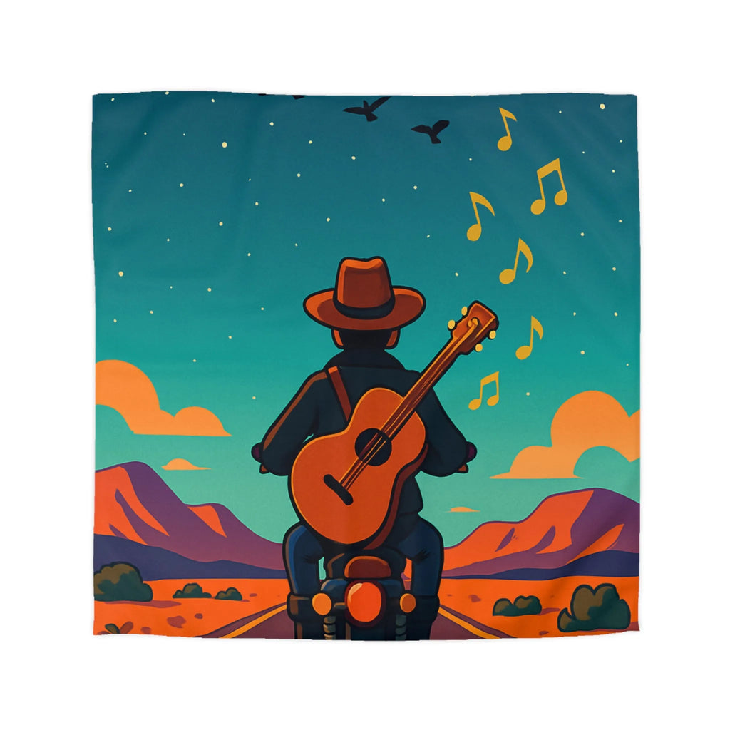 Housse de couette illustrée avec musicien en moto sous ciel étoilé et montagnes