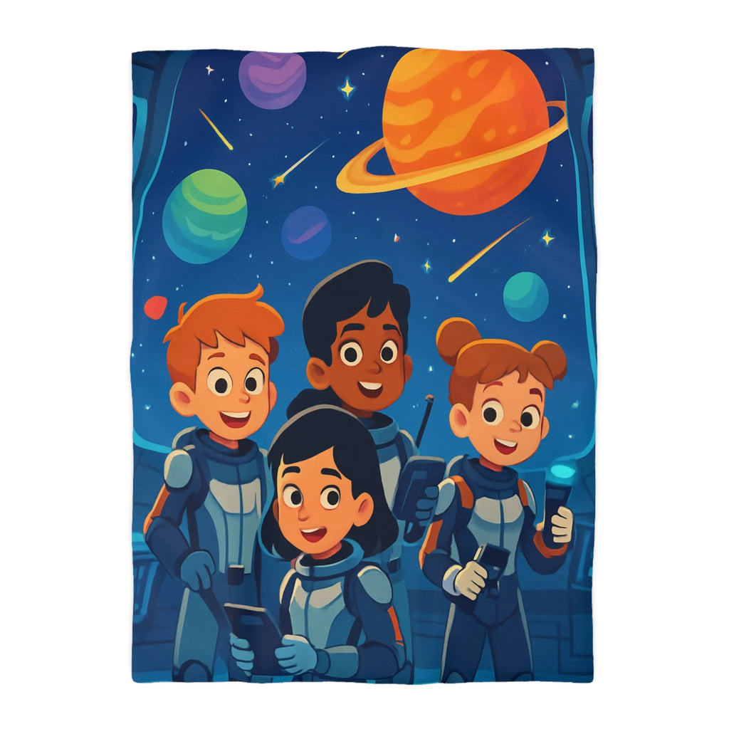 Housse de couette enfant en exploration spatiale avec planètes colorées et jeunes astronautes