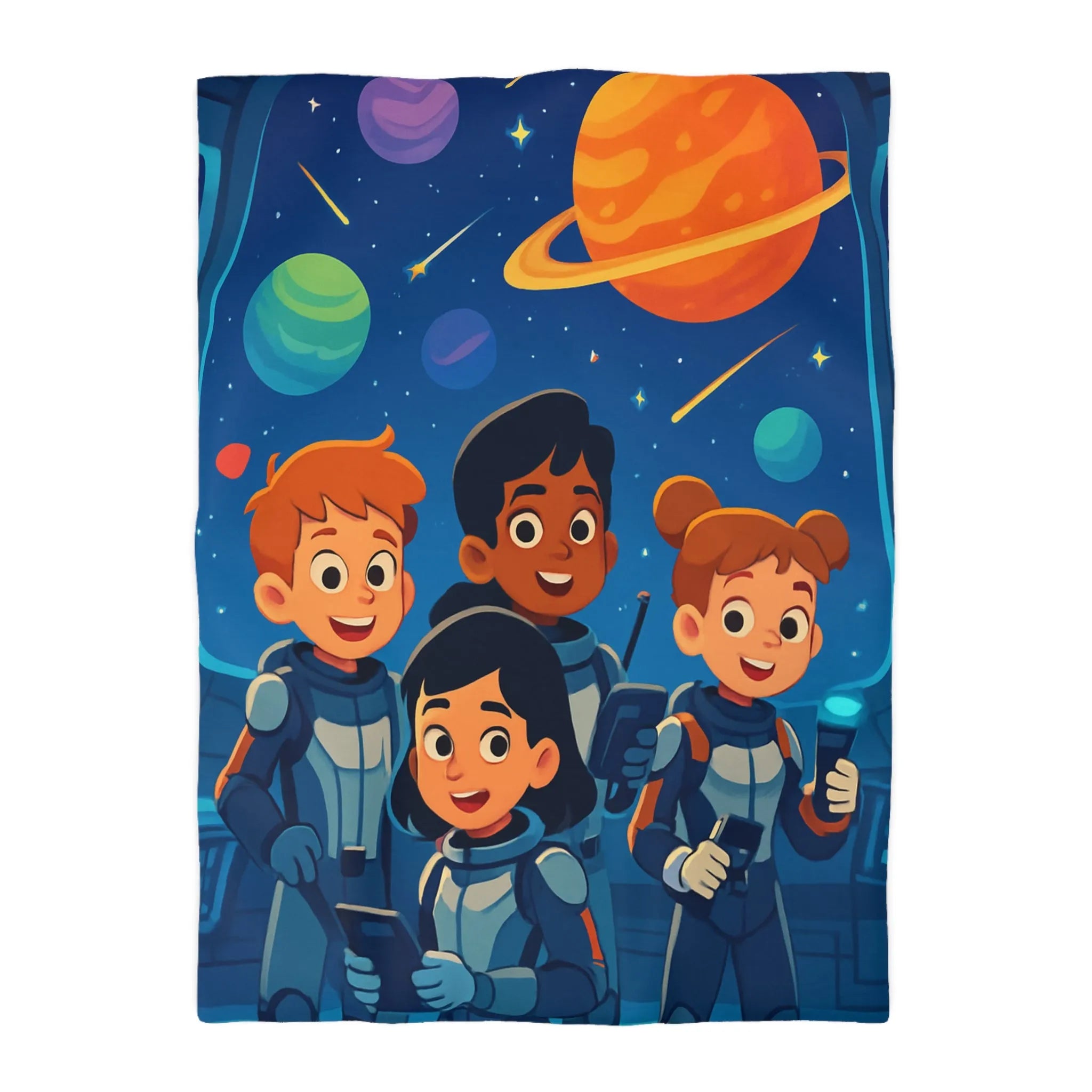 Housse de couette enfant en exploration spatiale avec planètes colorées et jeunes astronautes