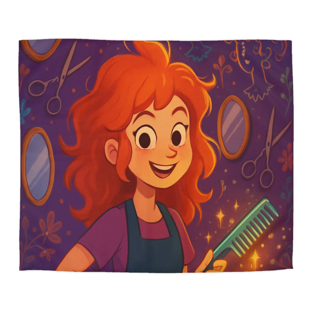 Housse de Couette Colorée avec Fille Rieuse et Ambiance Salon de Coiffure Magique