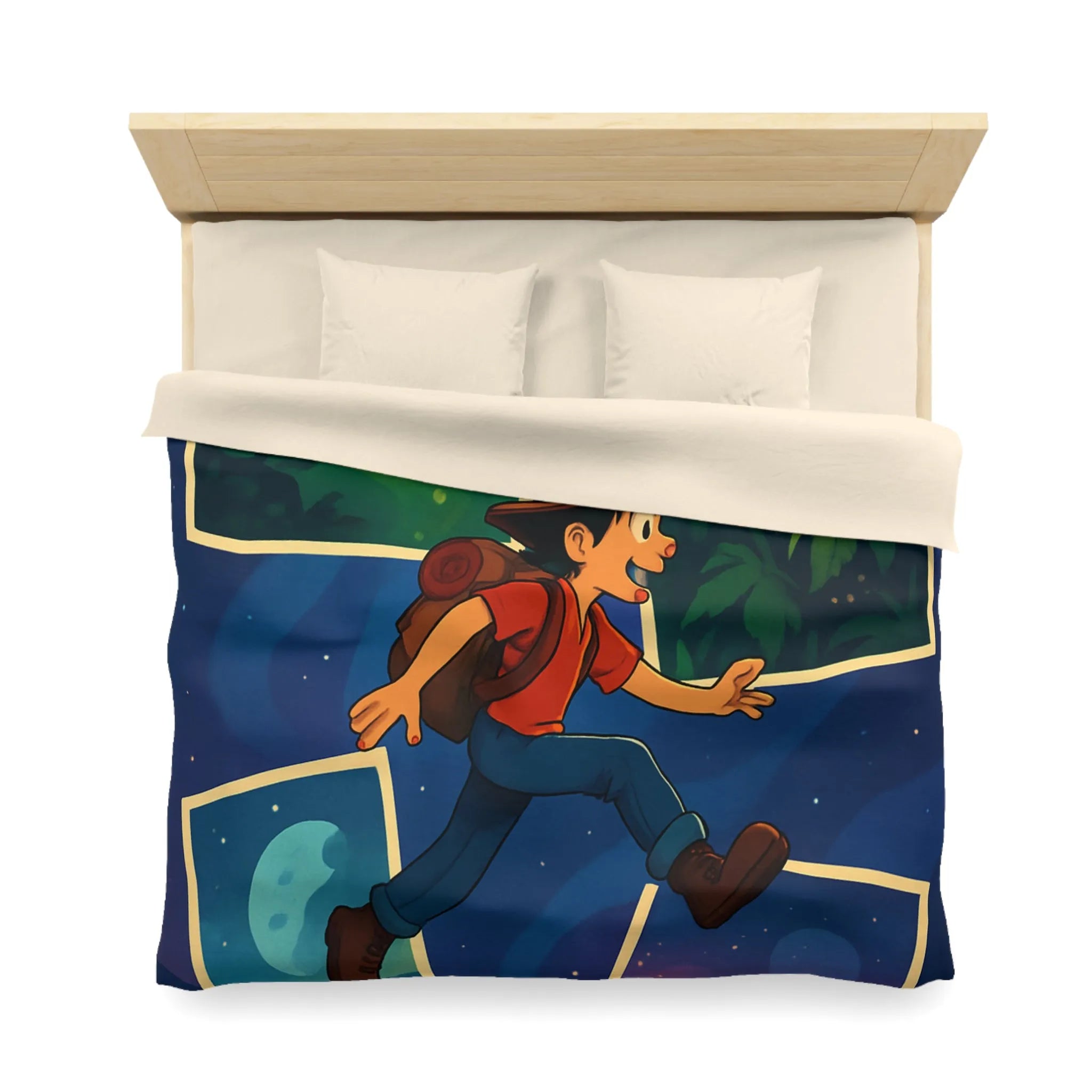 Housse de couette colorée avec illustrations d'aventure forêt, ville, désert, espace