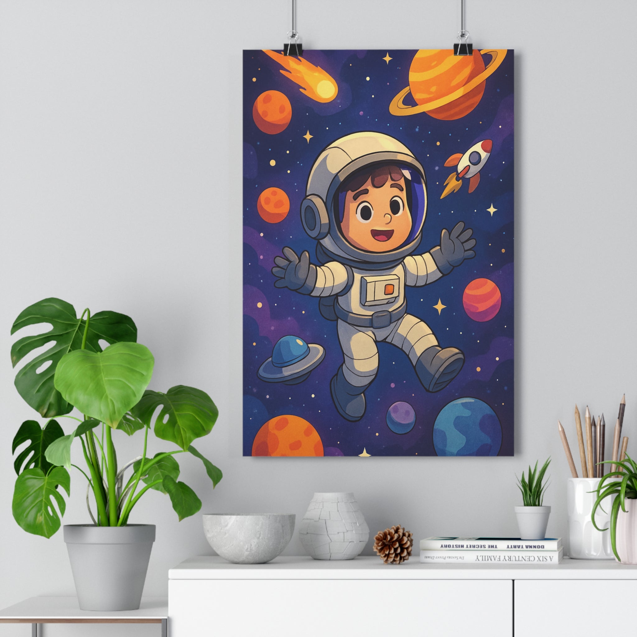 Poster décoratif espace astronaute cartoon enfant aventure bleu orange violet chambre joyeux comète qualité