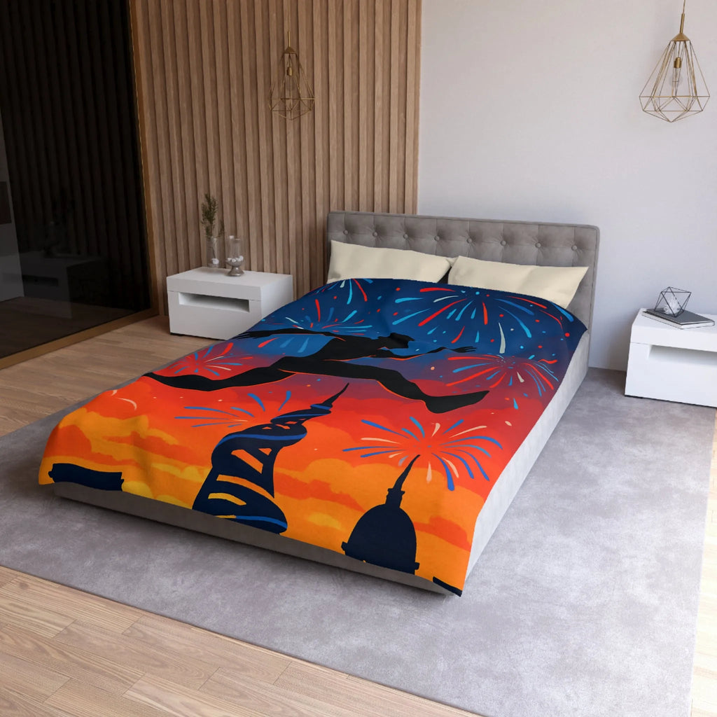 Housse de couette avec silhouette sportive et feux d'artifice, ambiance nocturne colorée