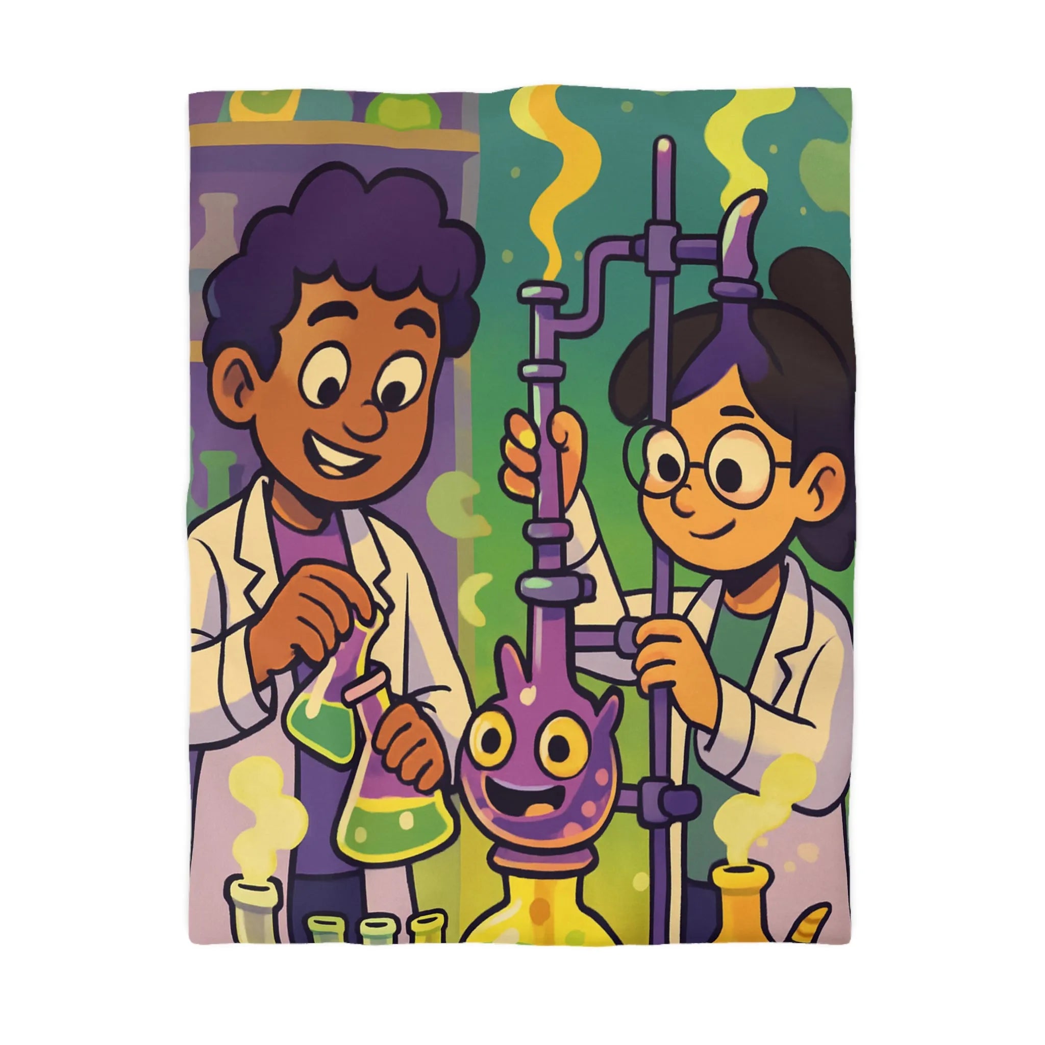 Housse de couette colorée avec deux scientifiques animés et expériences chimiques ludiques