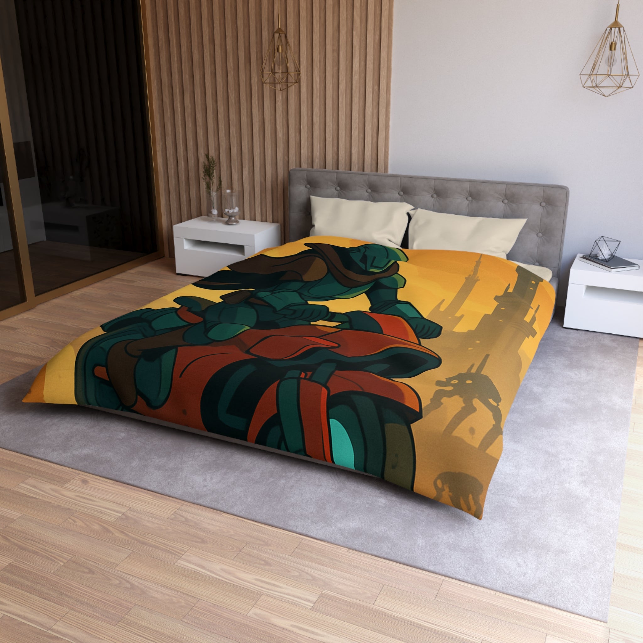 Housse de couette moto futuriste avec pilote en armure et paysage urbain orange