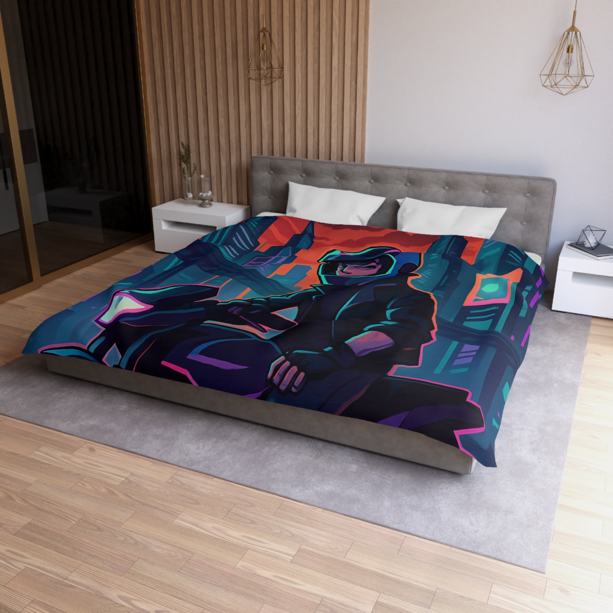 Housse de couette urbaine avec motard futuriste dans une ville de néons colorés