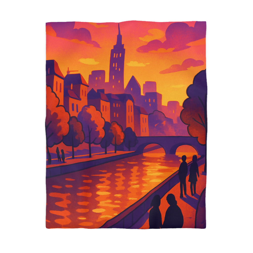 Vibrant paysage urbain crépusculaire avec silhouettes et rivière pour housse de couette