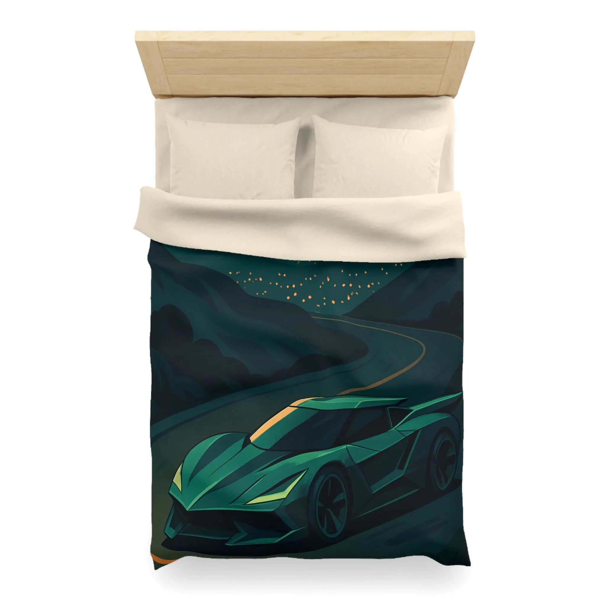 Housse de couette design voiture de sport moderne sur route sinueuse au crépuscule