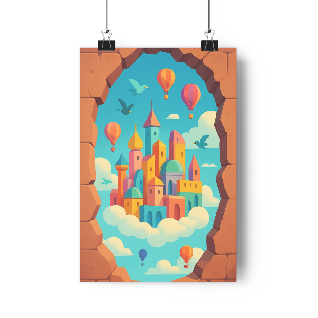 Poster décoratif féerique pastel anime coloré apaisant chambre salon rêveur magique montgolfières oiseaux qualité