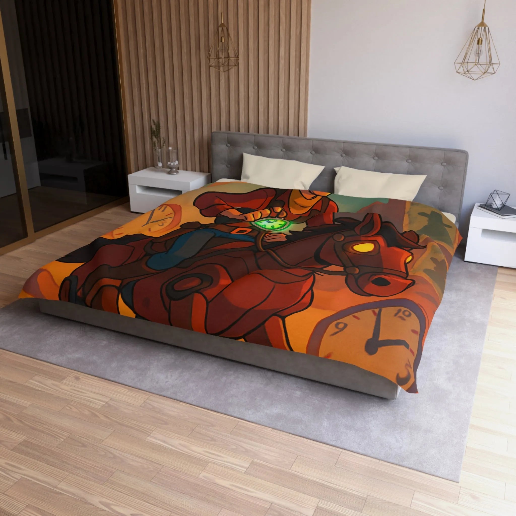 Housse de couette cowboy futuriste avec cheval mécanique et montres vintage dans désert