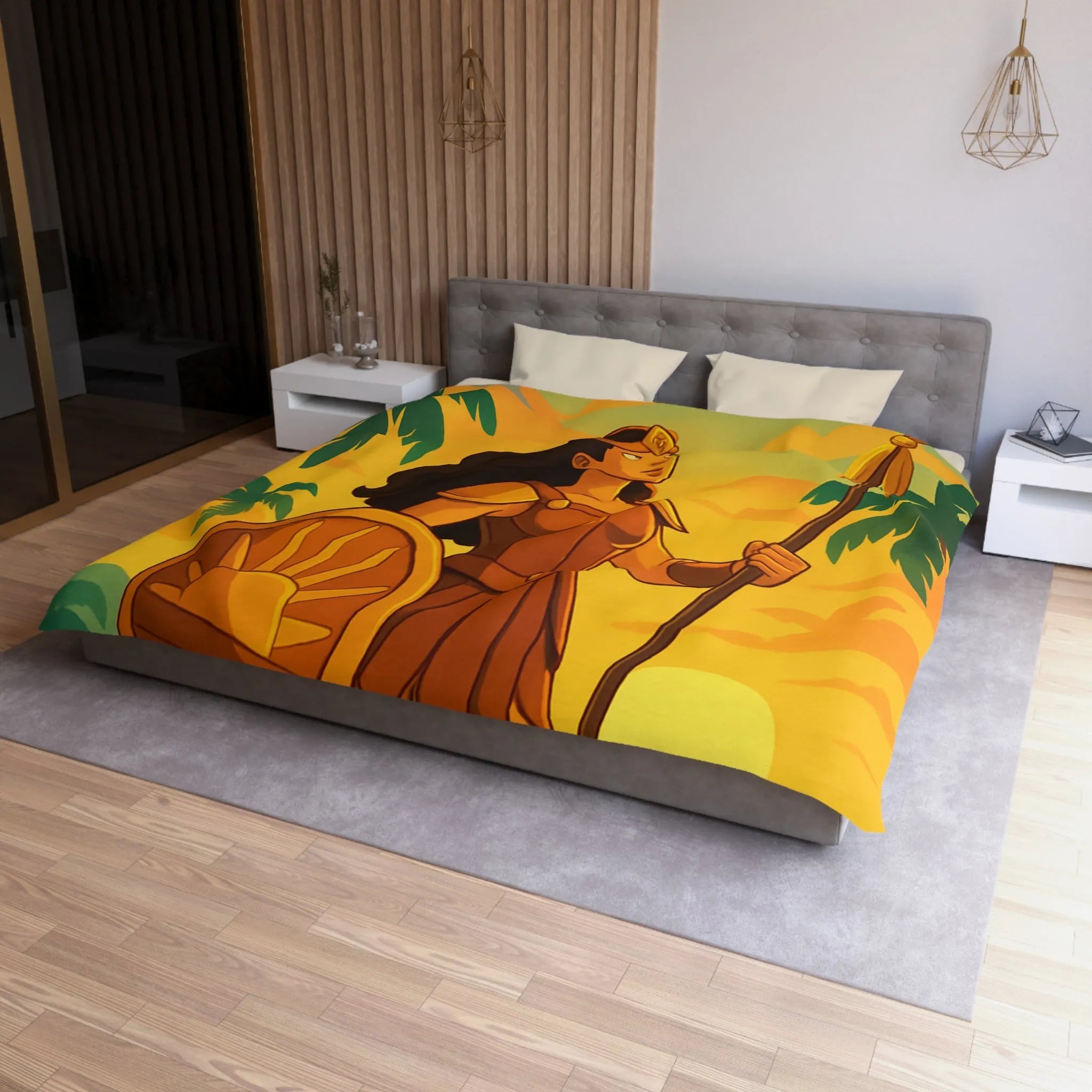 Housse de couette avec guerrière et aigle au coucher du soleil sur la plage