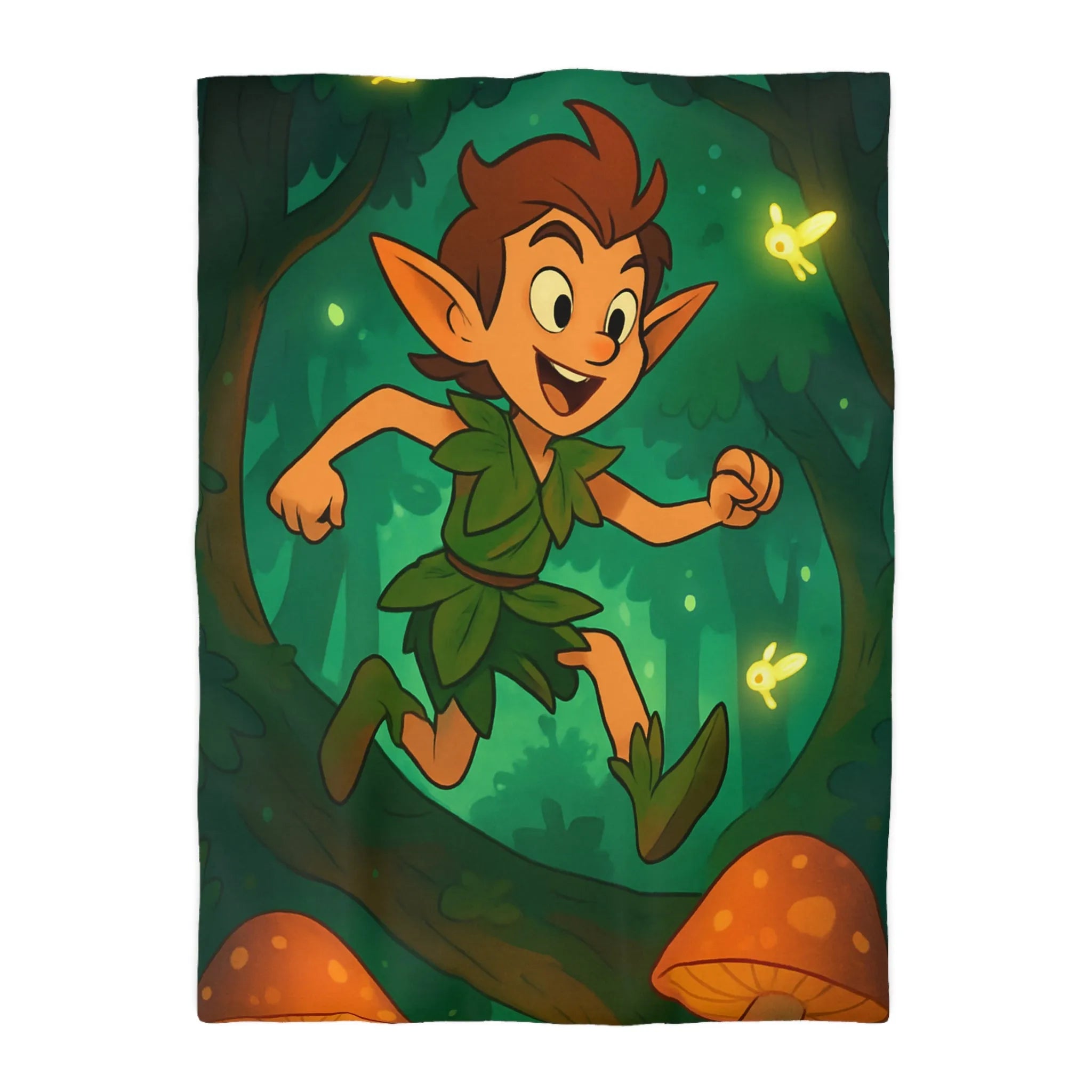 Housse de couette féérique avec elfes sautant parmi champignons lumineux en forêt