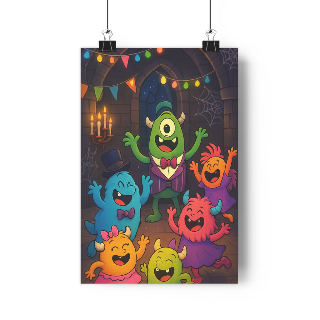 Poster décoratif cartoon joyeux monstres enfants chambre vert bleu orange rose lumineux festif qualité