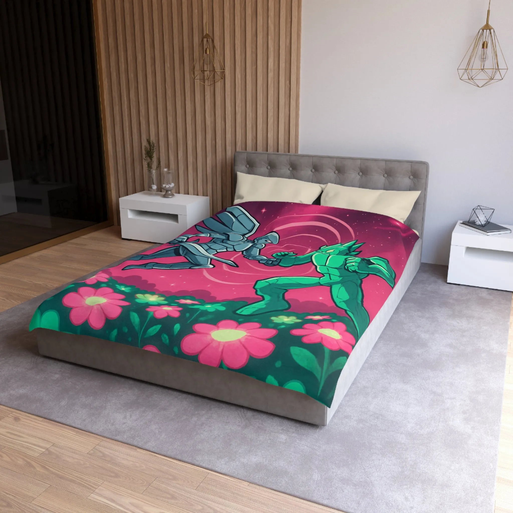 Housse de couette illustrée super-héros ailé avec scène de combat cosmique floral coloré