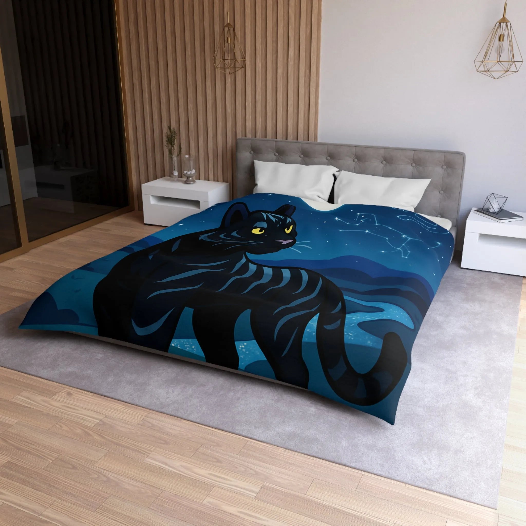 Housse de couette étoilée : Chat noir constellé sous une pleine lune éclatante
