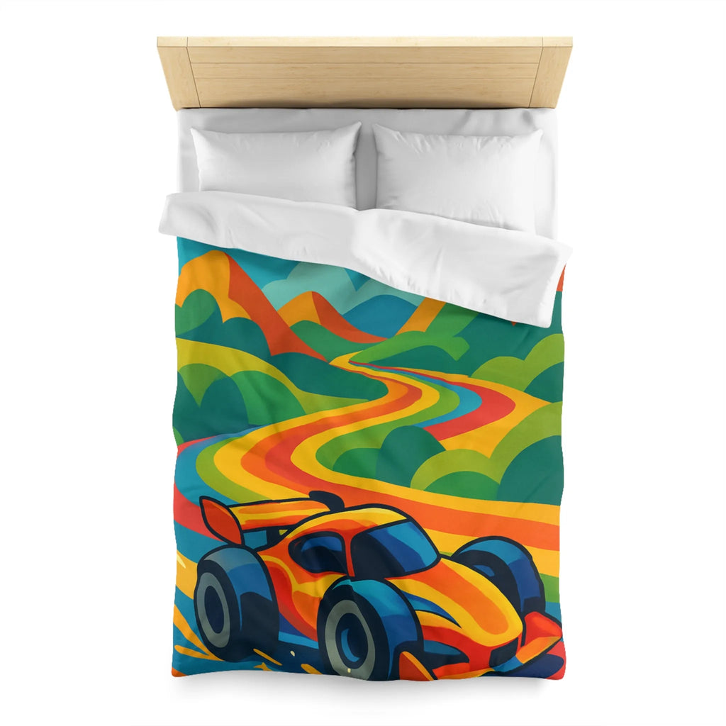 Housse de Couette Colorée avec Voiture de Course et Collines Arc-en-ciel Ensoleillées