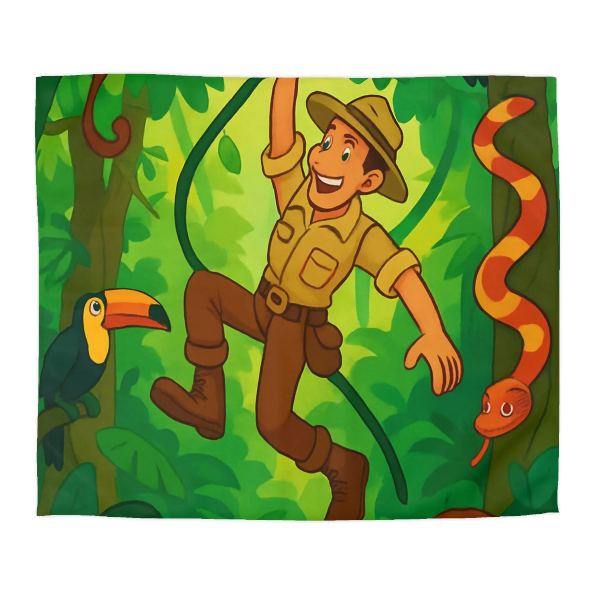 Housse de Couette Jungle Colorée avec Aventurier, Singes et Toucans pour Enfants