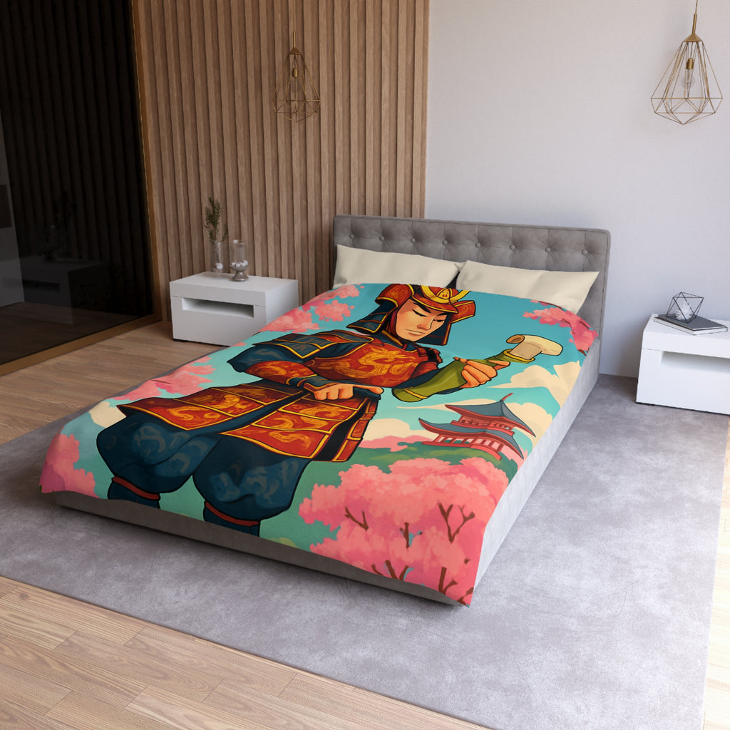 Housse de Couette Samouraï Japonais avec Armure Traditionnelle et Cerisiers en Fleurs