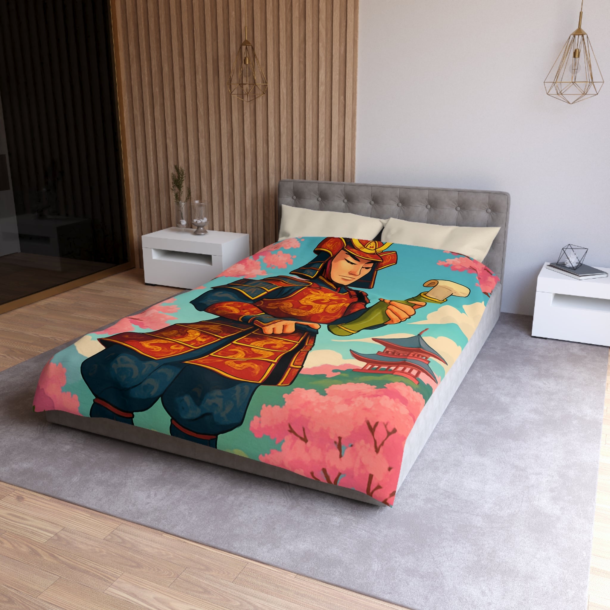 Housse de Couette Samouraï Japonais avec Armure Traditionnelle et Cerisiers en Fleurs