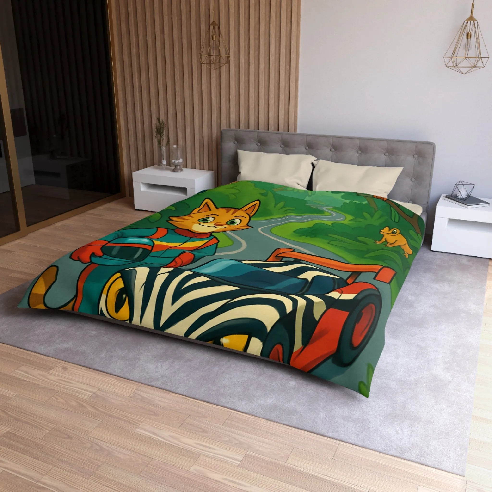 Housse de couette illustrée avec pilote chat, voiture zébrée et jungle luxuriante