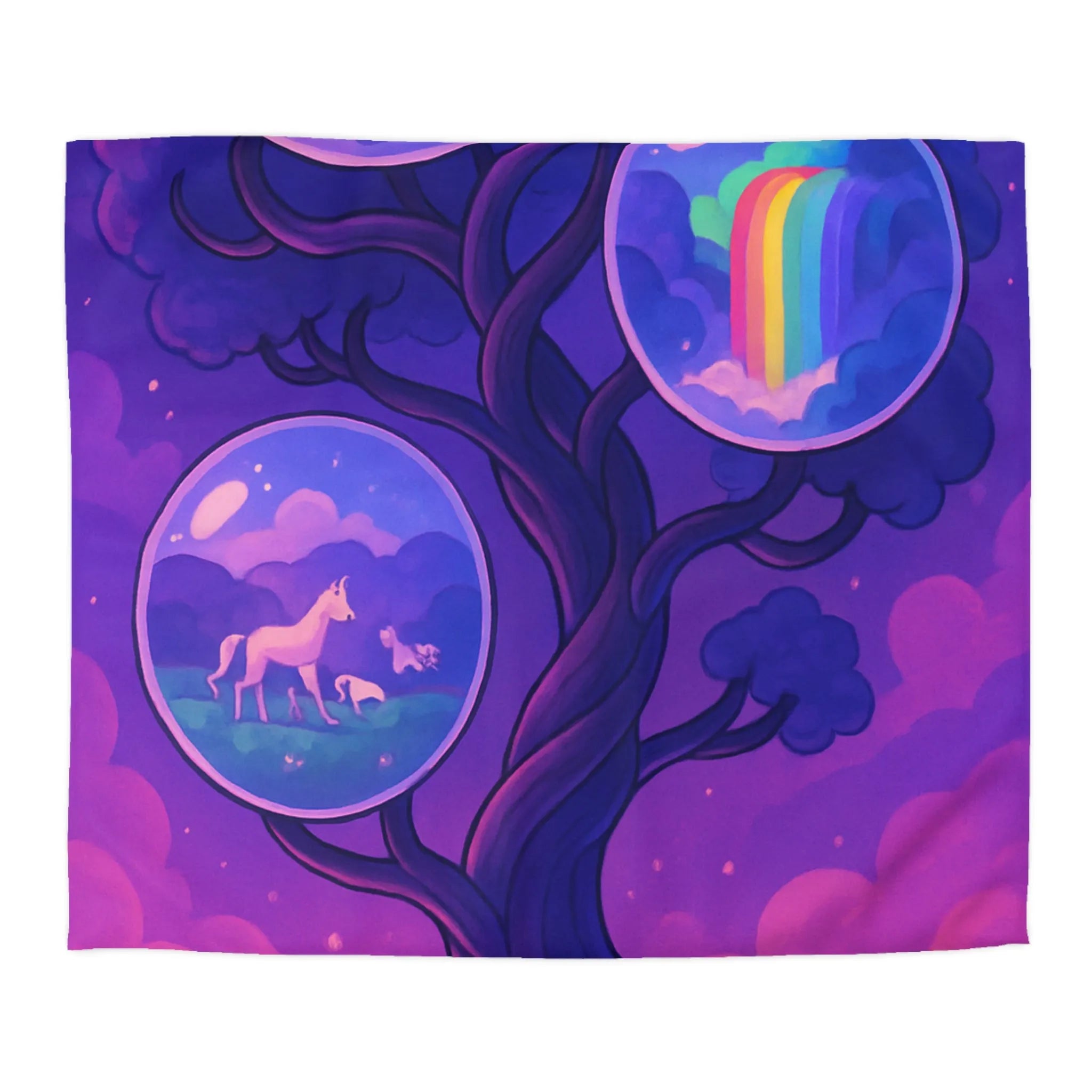 Enchanted Dreamscape Duvet: Mystical Castle, Majestic Unicorn, Vivid Waterfall on Tree