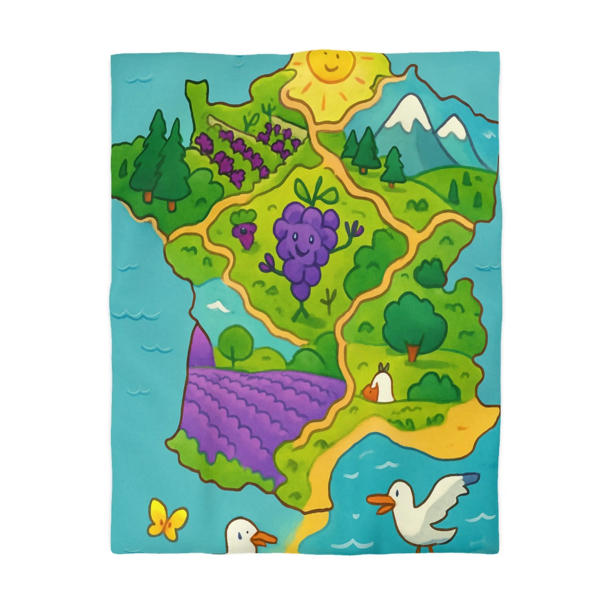 Carte colorée de France illustrée avec paysage ensoleillé et animaux adorables