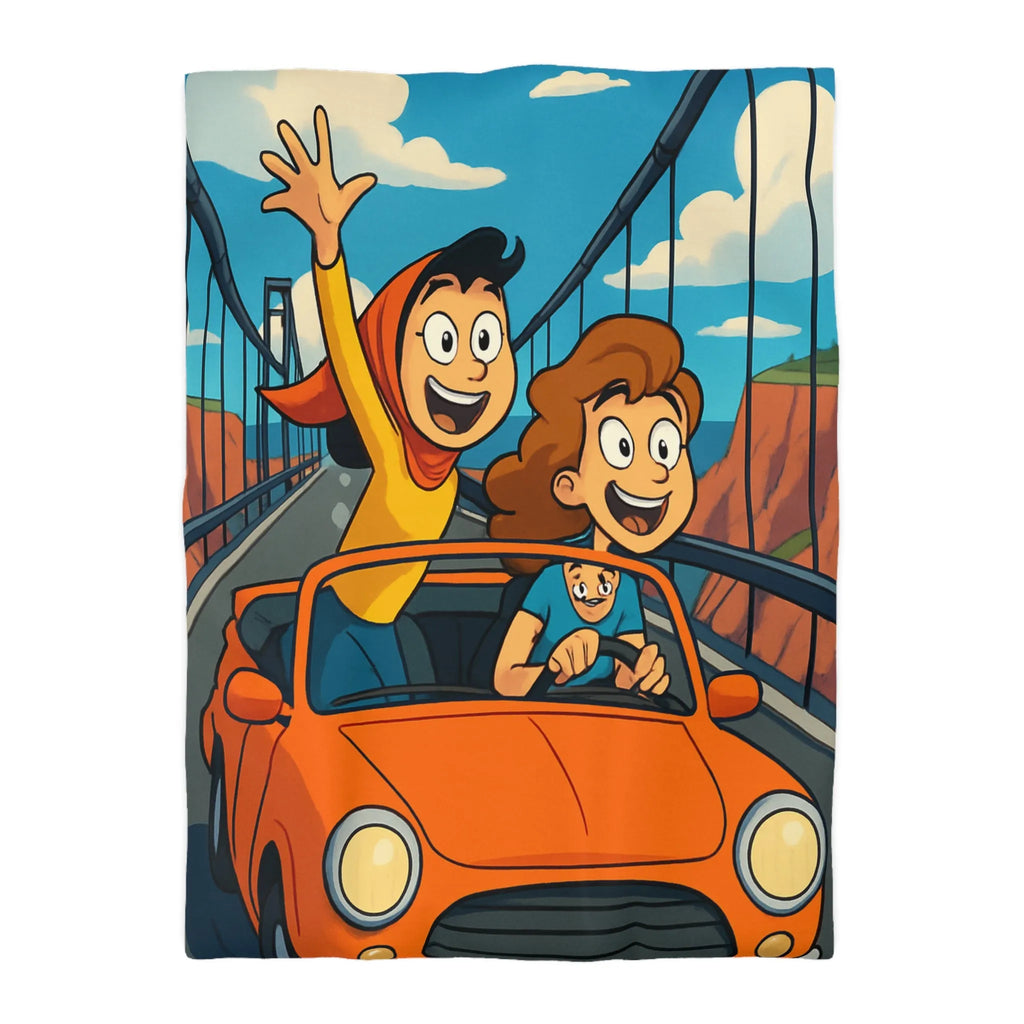 Housse de couette colorée avec illustration de famille en voiture sur pont suspendu