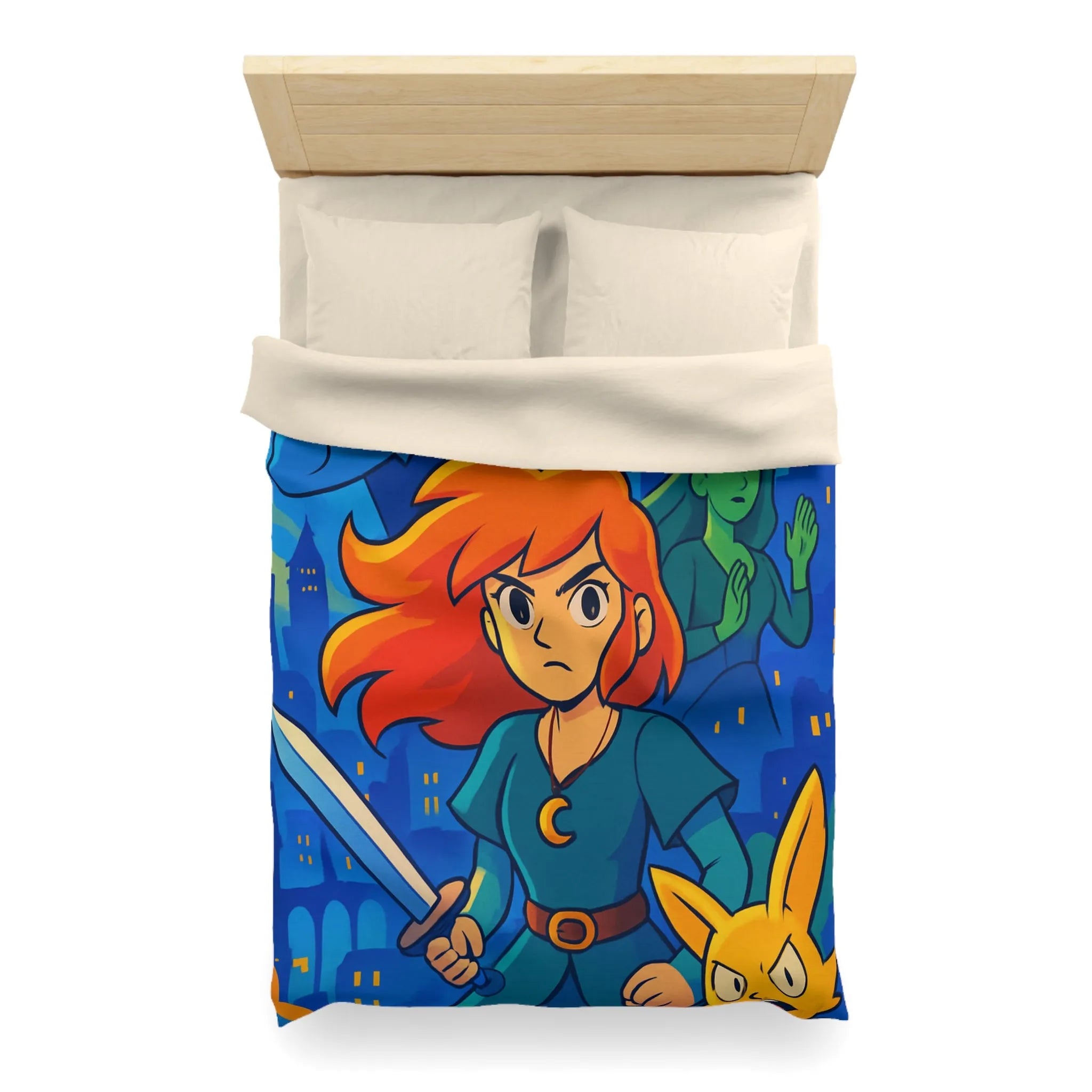 Housse de couette héroïque avec épée, ville nocturne et créatures fantastiques colorées