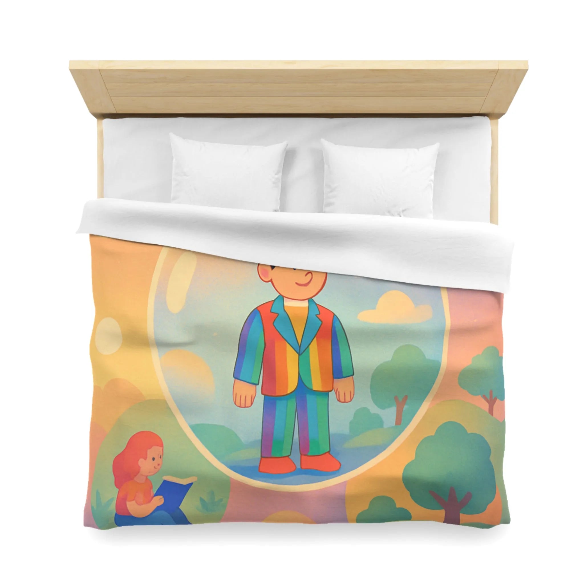 Housse de couette aux motifs rêveurs de personnages dans des bulles colorées et apaisantes