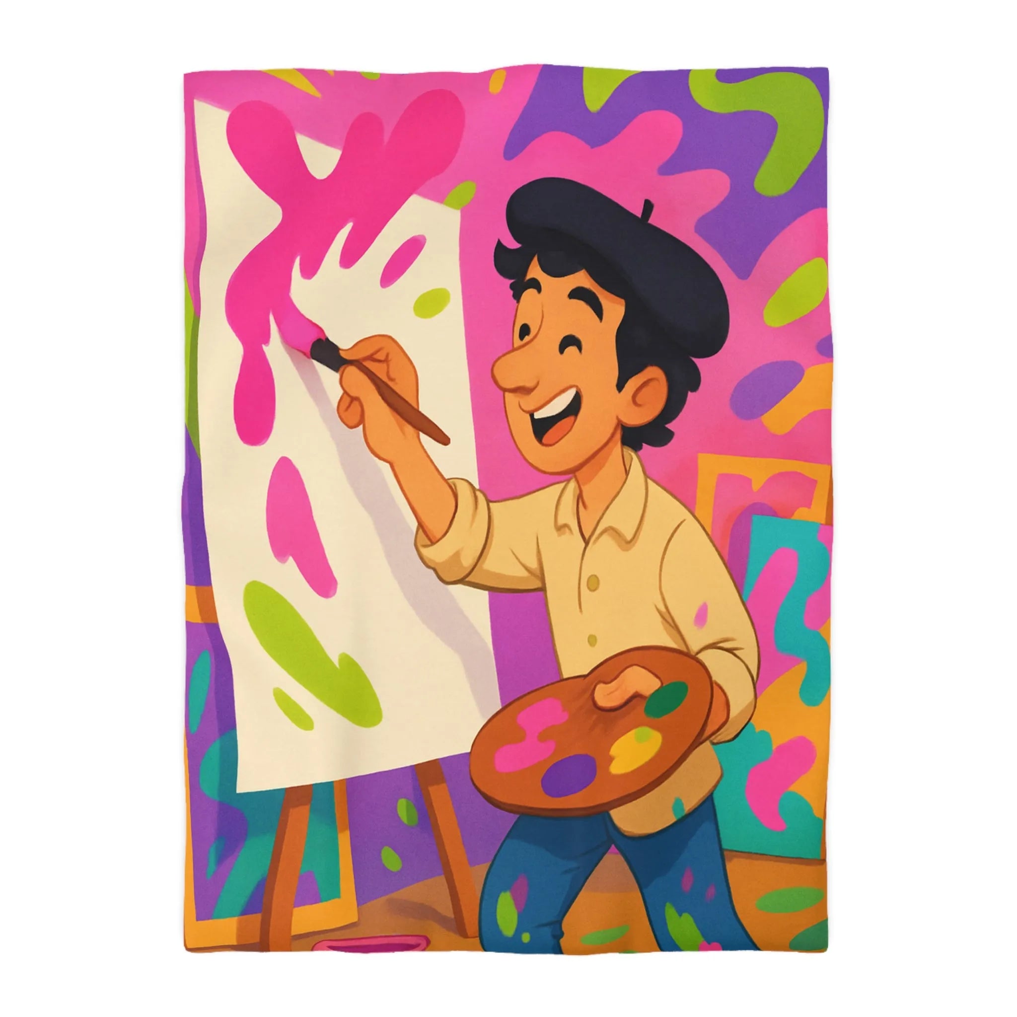 Housse de couette colorée avec artiste joyeux peignant des éclaboussures lumineuses abstraites