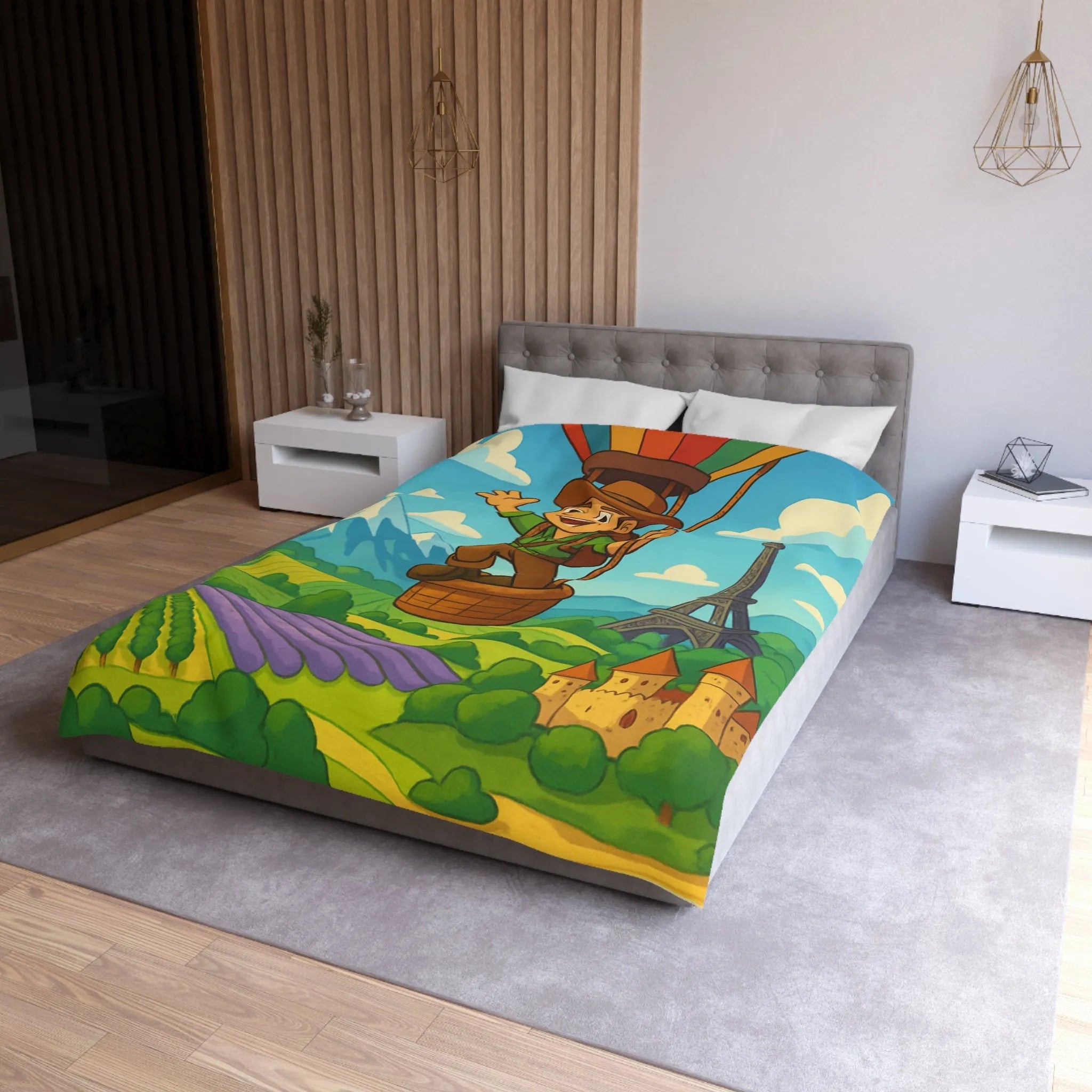 Charmant voyageur en montgolfière surplombant paysages français, champs et monuments emblématiques