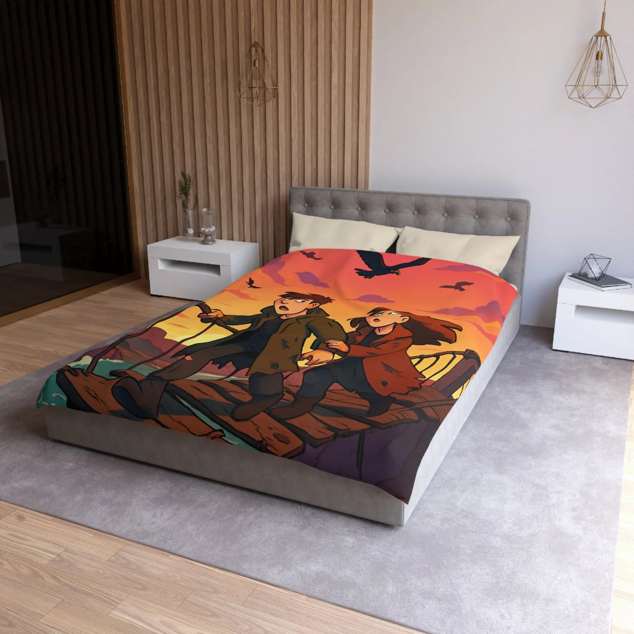 Housse de couette avec pont suspendu et ciel orange au coucher du soleil