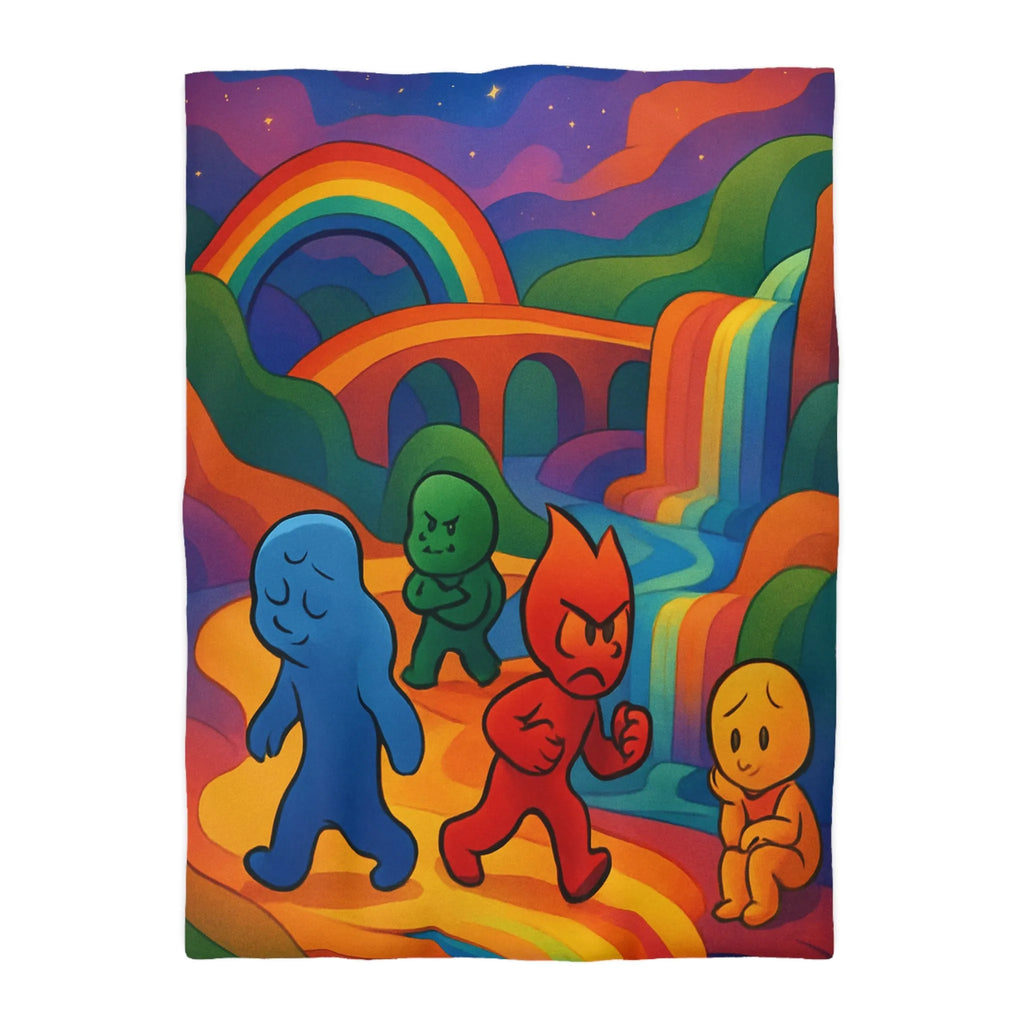 Housse de couette arc-en-ciel vibrante avec personnages colorés et cascade sereine