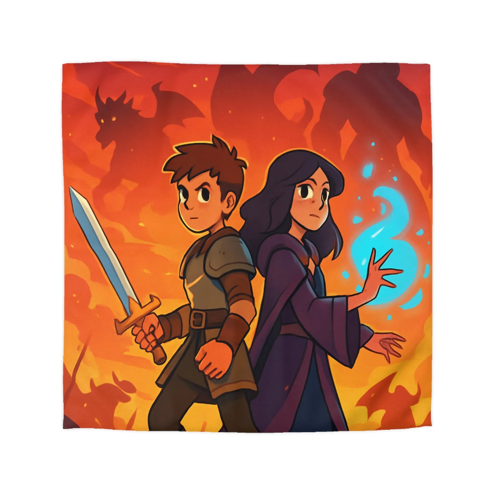 Housse de couette épique, jeunes aventuriers et dragons incandescents en fantaisie captivante