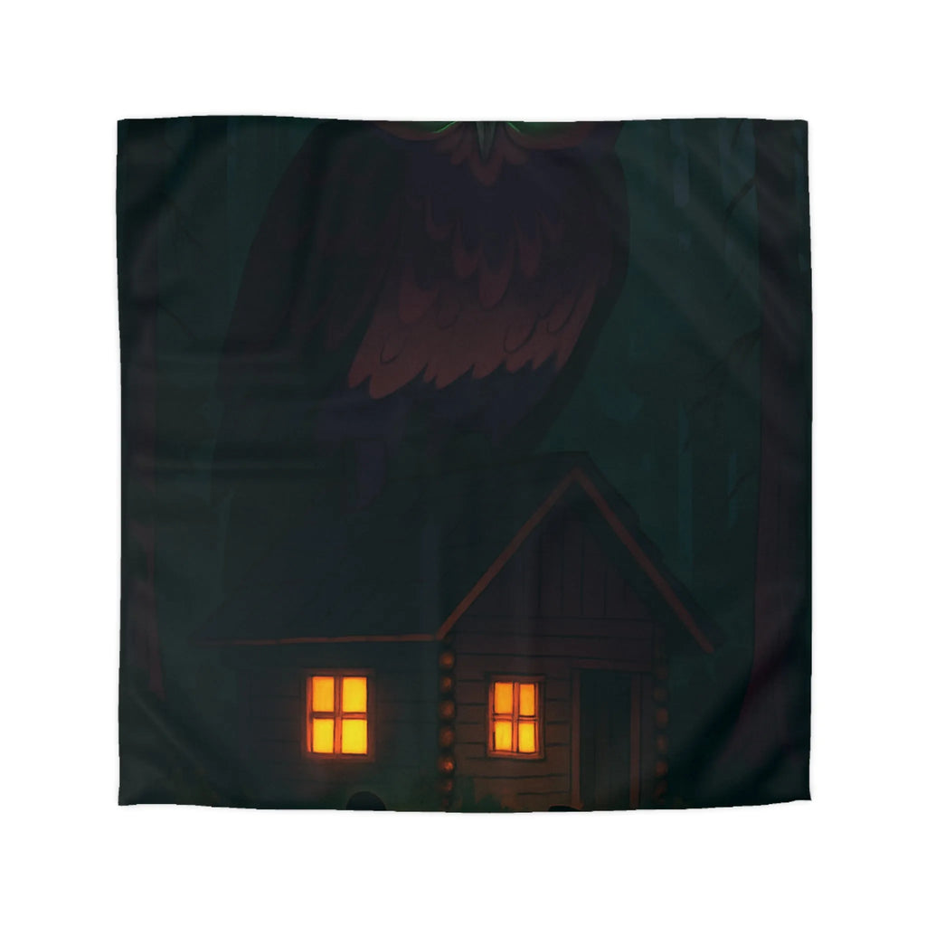 Housse de couette confortable avec illustration nocturne de forêt mystérieuse et hibou géant