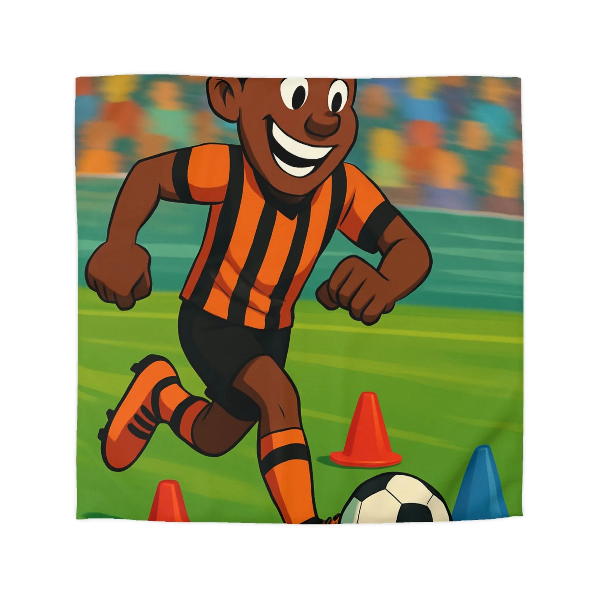 Housse de couette football enfant dynamique avec joueur souriant en action colorée