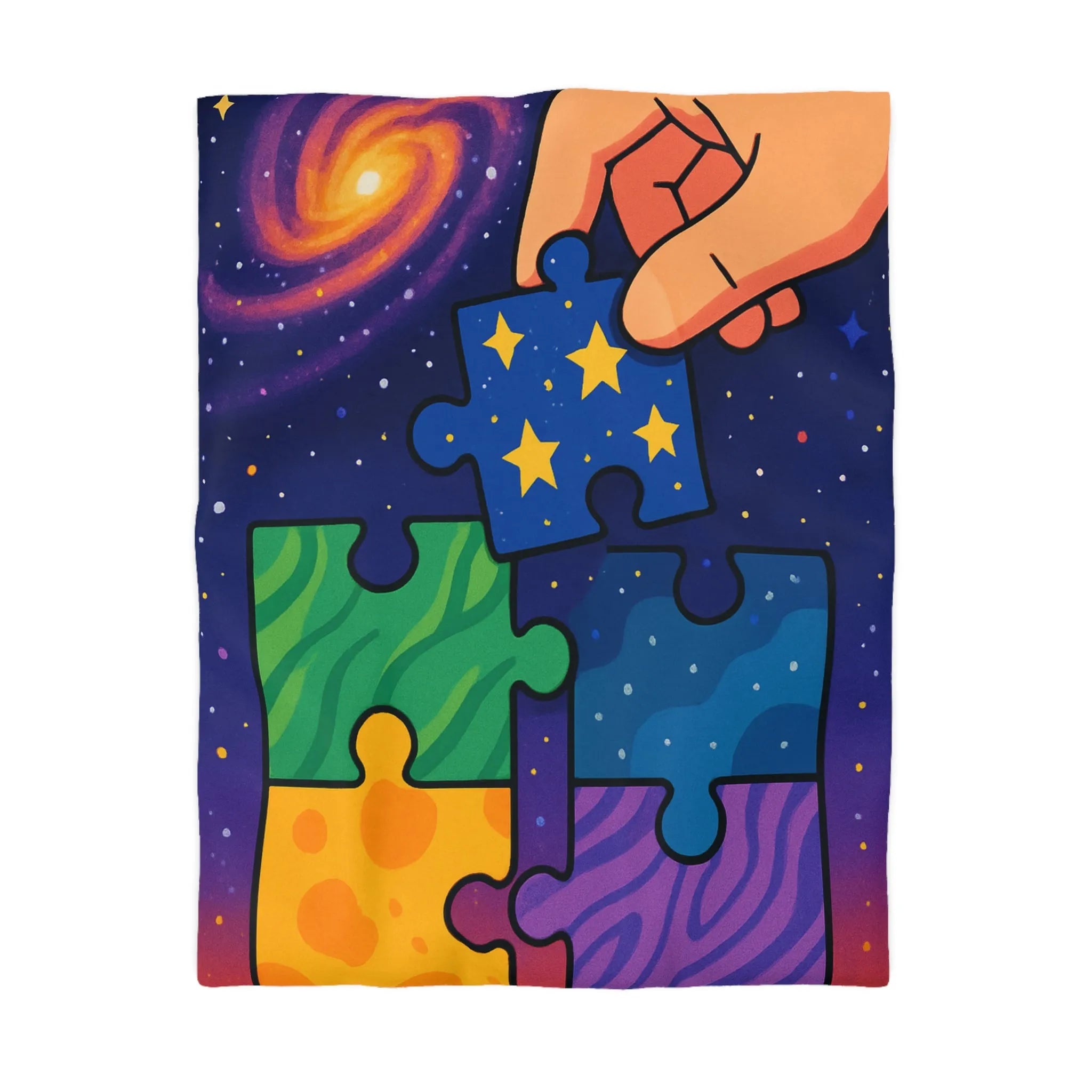 Housse de couette colorée avec motifs puzzle vibrants et design cosmique étoilé