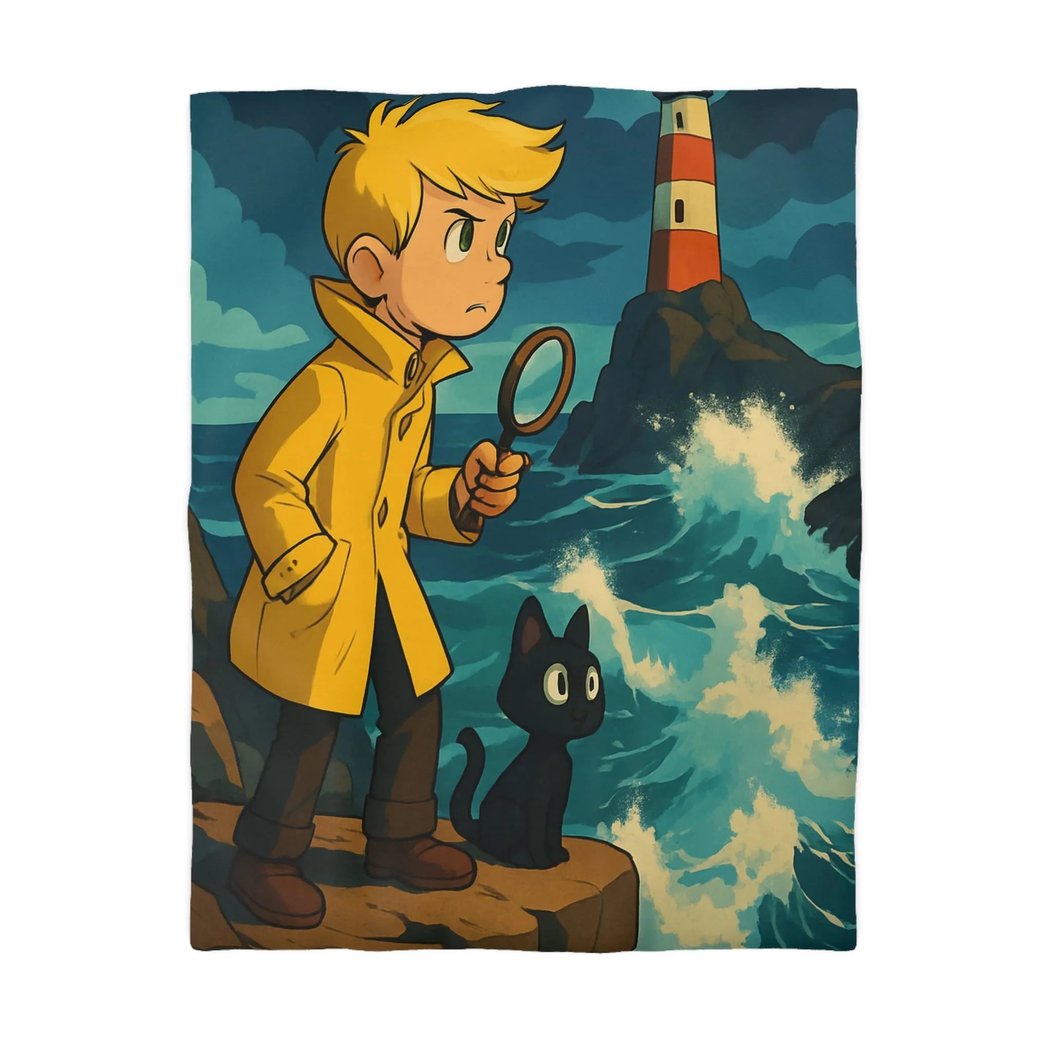 Housse de Couette Aventure Enfantine avec Phare, Océan et Chat Mystérieux