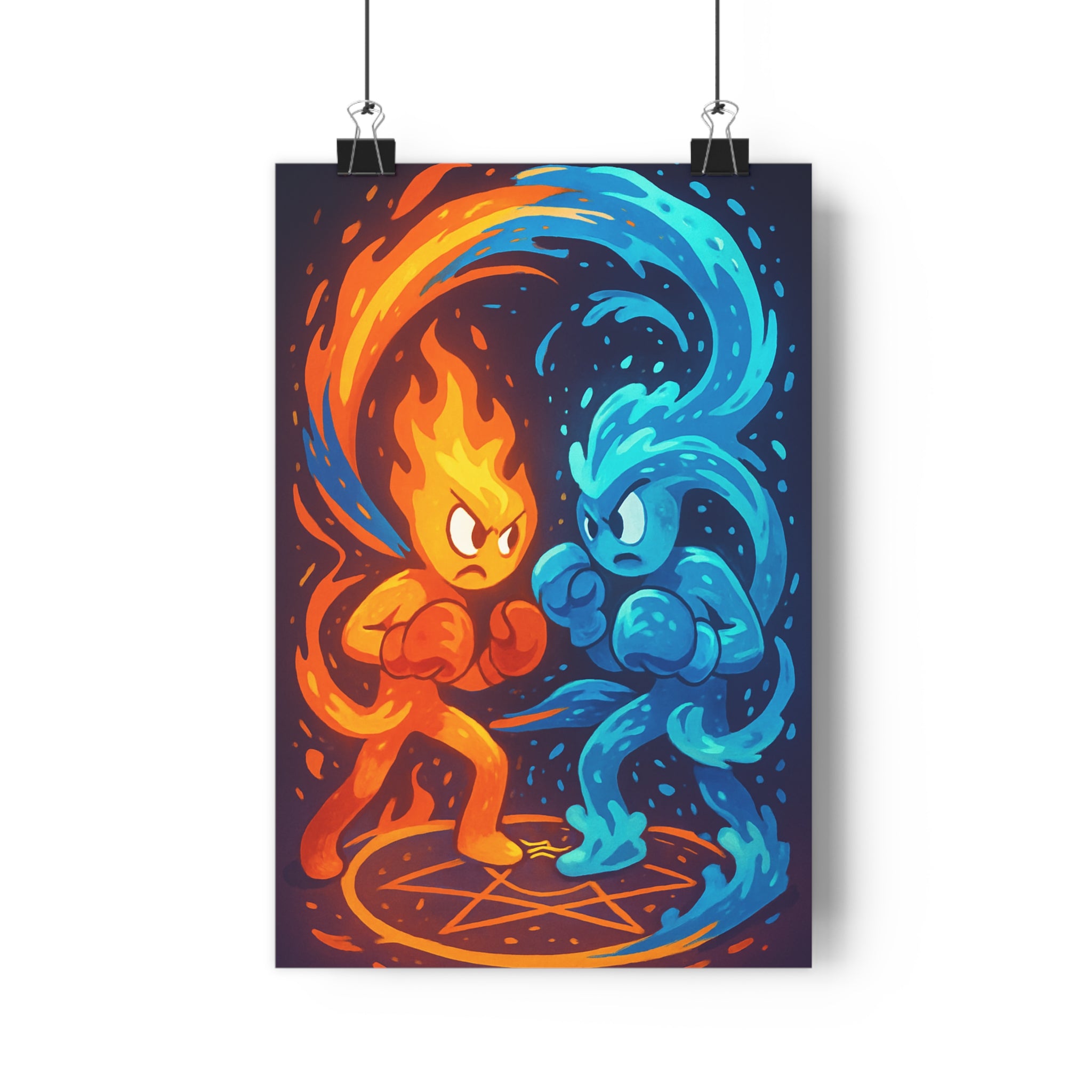 Poster décoratif fantastique duel feu eau lumineux orange bleu salon bureau 30x46 moderne dynamique