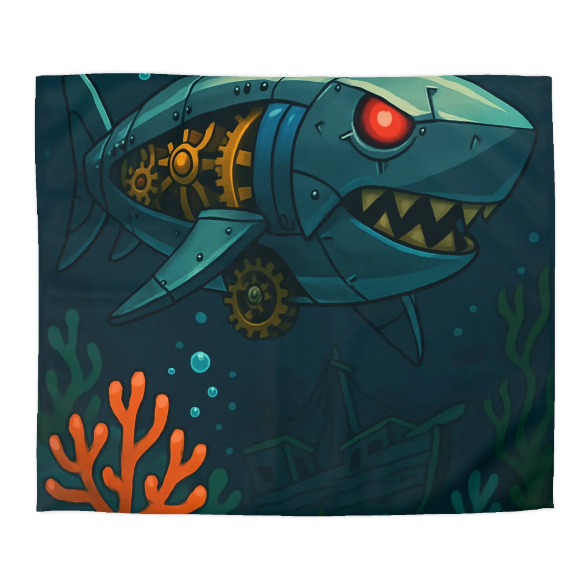 Housse de Couette Design Unique avec Requin Robot Sous-Marin et Coraux Colorés
