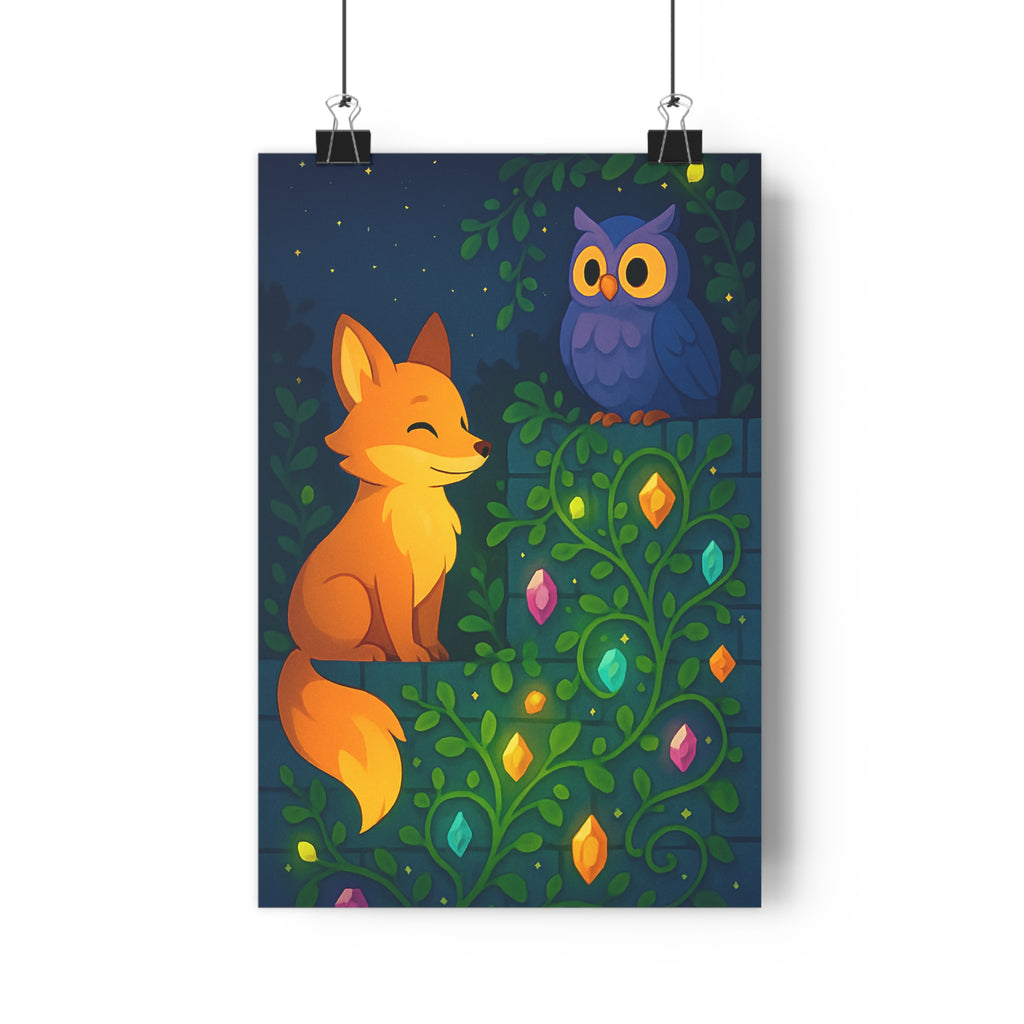 Poster décoratif féérique renard hibou orange violet enfant chambre magique coloré apaisant 30x46 cm