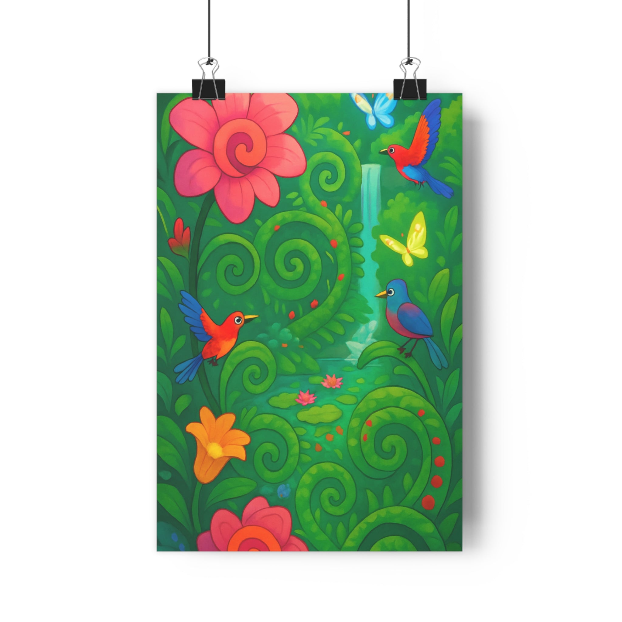 Poster décoratif jardin cartoon coloré joyeux vibrant fleur oiseau papillon cascade chambre salon bureau